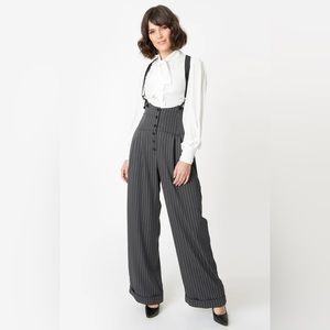 Thelma Suspender Pants in Grey Pinstripe by Unique Vintage